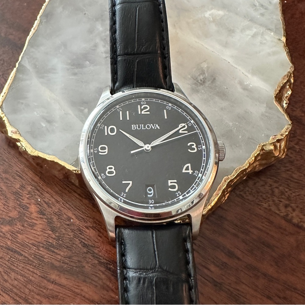 Bulova Men's Black Leather Watch 96B233
